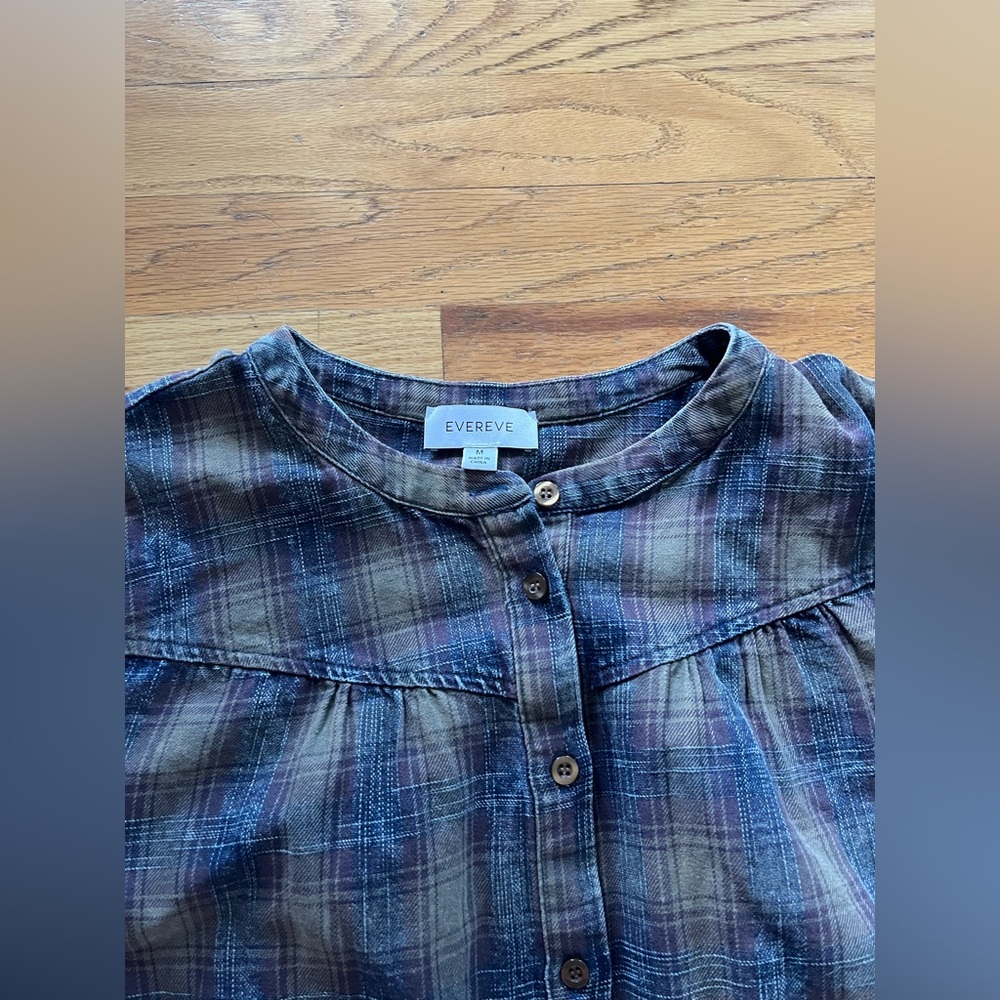 Evereve Blue Gracie Puff Sleeve Plaid Button-Up Blouse Size Women’s Medium - Picture 3 of 4